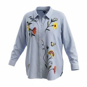 Talbots Blue Stripe Floral & Bird Embroidered Button Up Shirt Top XL  Poplin